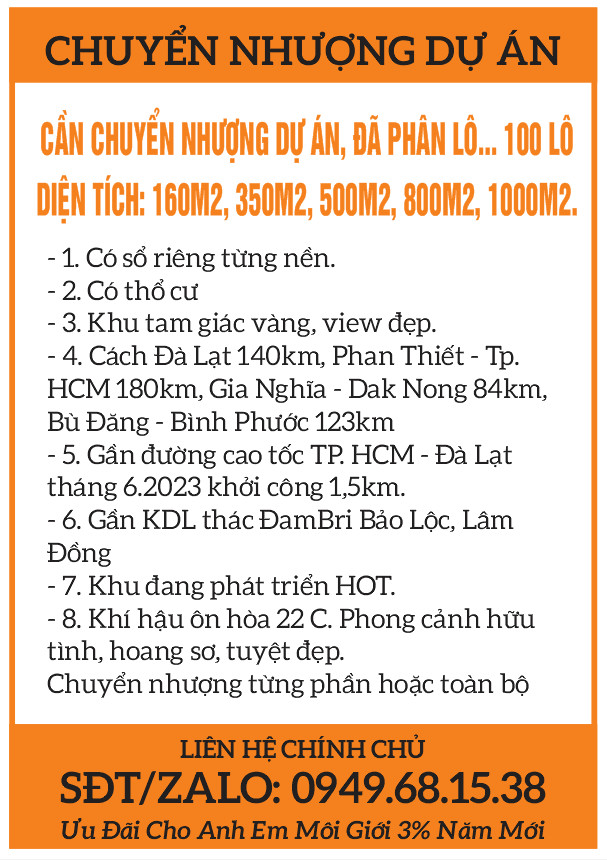 Cần chuyển nhượng dự án đã phân 100 lô, gần KDL thác DamBri Lâm Đồng